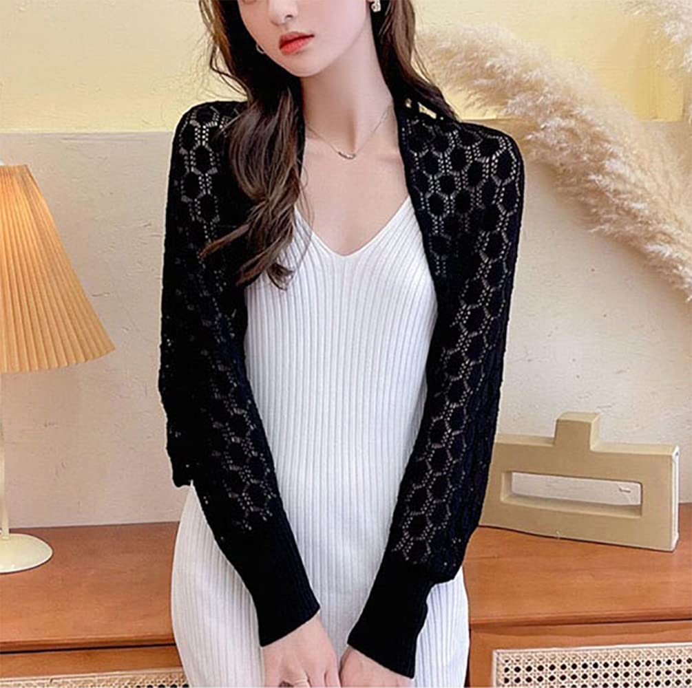 stylesilove Women Lightweight Crochet Hollow Bolero Shrug Long Sleeve Cardigan Soft Sweater Open Front Cape Shawl