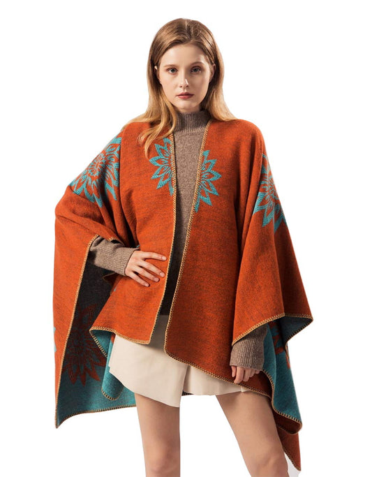 stylesilove Women Vintage Floral Orange Open Front Poncho Cape Cardigan Cozy Wrap Jacket for Fall and Winter
