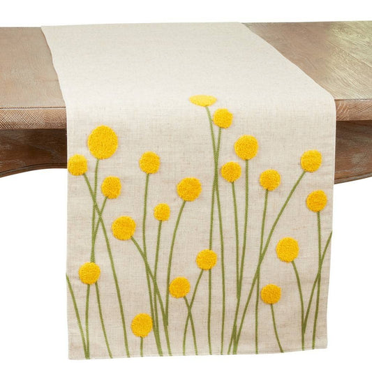 Fennco Styles Embroidered Yellow Flowers Linen Blend Table Runner 16" W x 70" L - Summer Floral Table Cover for Home Décor, Dining Table, Banquet, Everyday Use, Family Gatherings