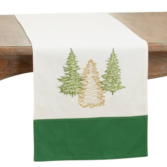 Fennco Styles Embroidered Christmas Trees Cotton Table Runner 16" W x 72" L - Green Festive Table Cover for Home, Dining Room, Banquets and Winter Holiday Décor