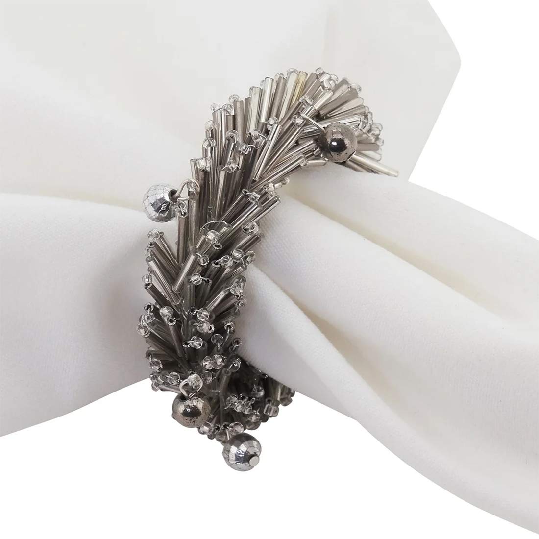 Fennco Styles Hand Beaded Decorative Napkin Rings, Set of 4 - Silver Glass Beads Napkin Holders for Home, Dining Table, Banquet, Family Gathering, Christmas, Holiday Décor and Special Occasion