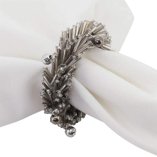Fennco Styles Hand Beaded Decorative Napkin Rings, Set of 4 - Silver Glass Beads Napkin Holders for Home, Dining Table, Banquet, Family Gathering, Christmas, Holiday Décor and Special Occasion