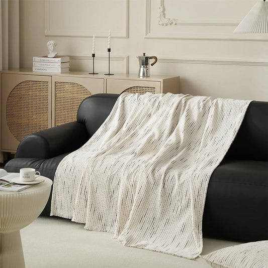 Fennco Styles Black Striped Fringe Chenille Reversible Throw Blanket 50" W x 72" L - White Woven Ultra Soft Blanket for Bed, Couch, Sofa, Home, Office and Holidays Décor
