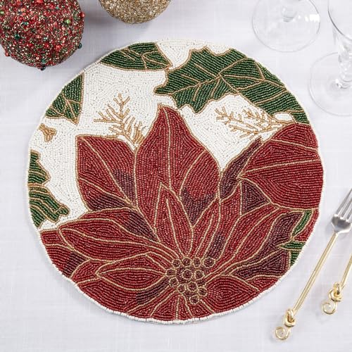 Fennco Styles Hand Beaded Poinsettia Christmas Placemat 14" Round, 1-Piece - Multicolored Festive Table Mat for Home Décor, Holidays, Family Gatherings, Banquets and Special Occasion