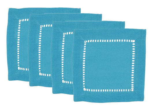 Fennco Styles Classic Hemstitch Design 6 Inch Square Table Cloth Napkin Coasters, Set of 4 – Turquoise Table Cover for Home Décor, Dining Table, Banquets, Holidays and Special Occasions