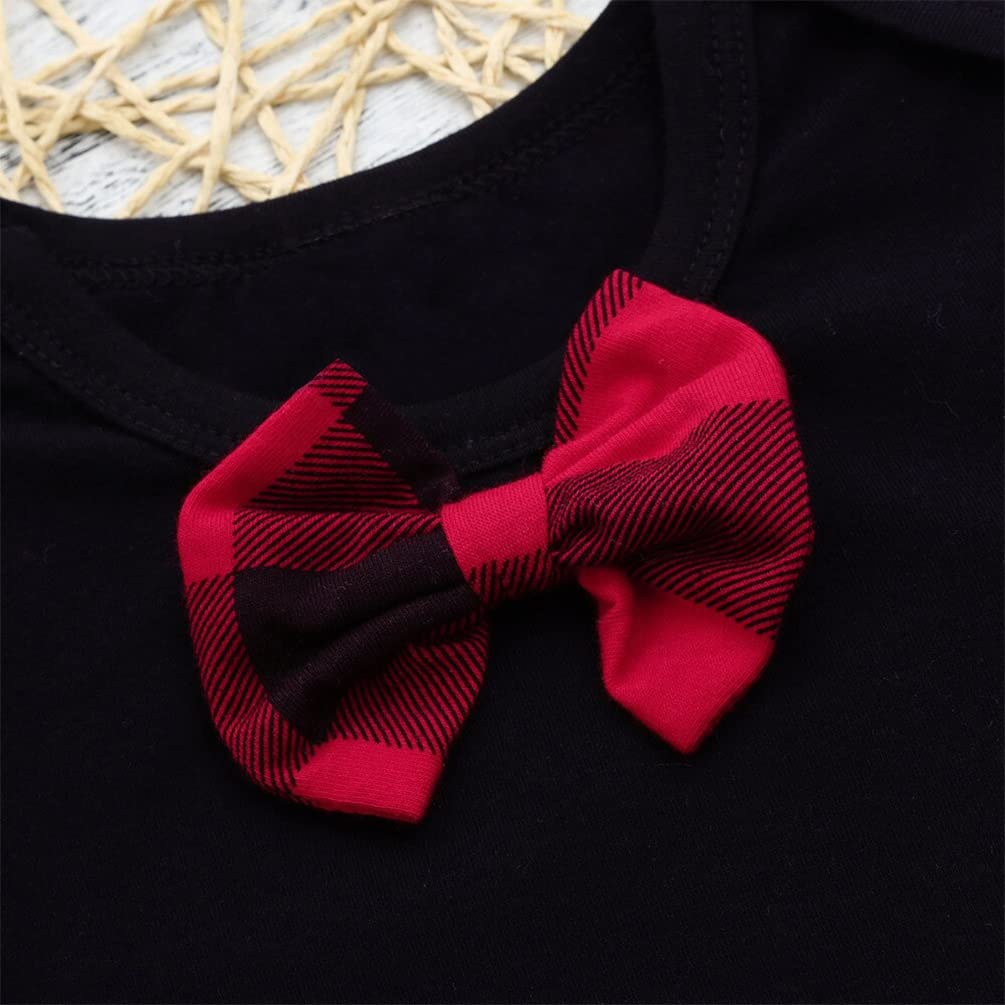 stylesilove Baby Girls Bowknot Short Sleeve Black Cotton Bodysuit, Plaid Skirt with Headband 3pcs Holiday Outfit