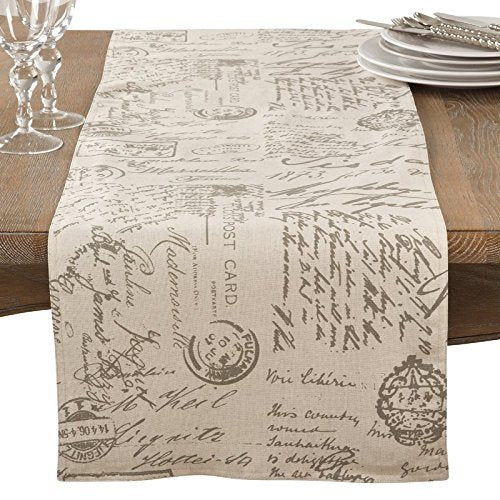 Fennco Styles Script Printed Contemporary Table Runner 16" W x 120" L - Natural Table Cover for Home, Dining Table, Banquet, Family Gathering and Special Occasion