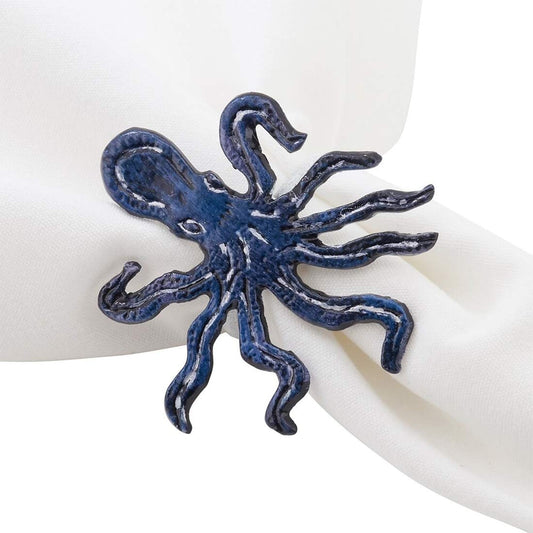 Fennco Styles Coastal Octopus Brass Napkin Rings, Set of 4 - Navy Blue Metal Napkin Holders for Beach House, Nautical Party Decorations, Home, Banquet and Special Event