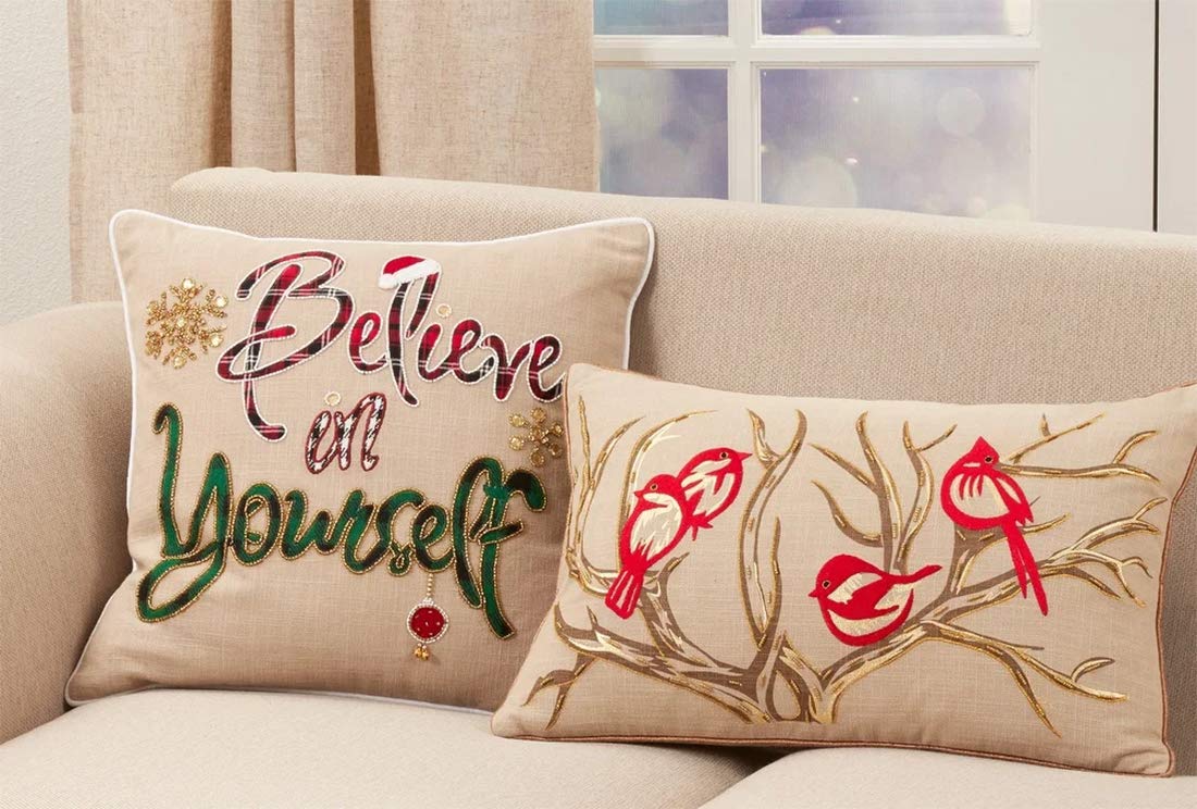 Fennco Styles Embroidered Bird and Branch Cotton Decorative Throw Pillow 14" W x 22" L - Natural Cushion for Home Décor, Couch, Living Room, Bedroom, Holiday and Special Occasion