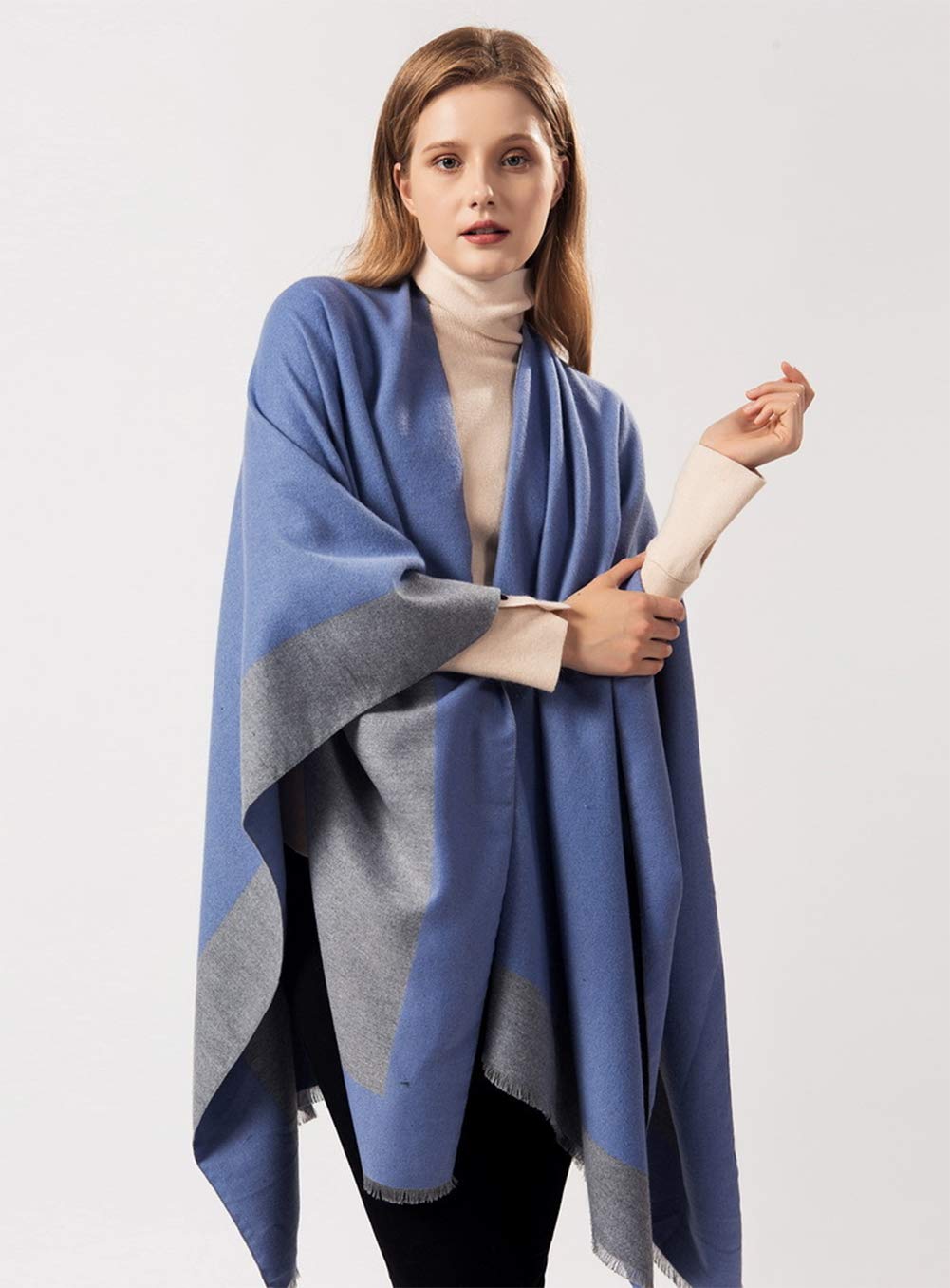 stylesilove Women Knitted Blue Open Front Poncho Cape Cardigan Cozy Wrap Jacket for Fall and Winter