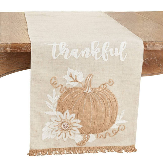 Fennco Styles Embroidered Thankful Pumpkin Linen Blend Table Runner 16" W X 70" L - Natural Holiday Table Cover for Home Décor, Thanksgiving, Banquets, Family Gatherings and Special Occasions