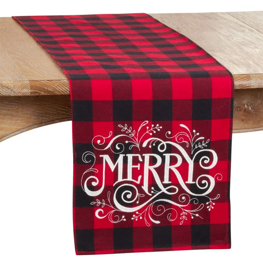 Fennco Styles Holiday Buffalo Plaid Cotton Blend Merry Design Table Runner 14 x 72 Inch - Red & Black Plaid Table Cover for Christmas Decor, Home, Banquet, Family Gathering and Special Occasion