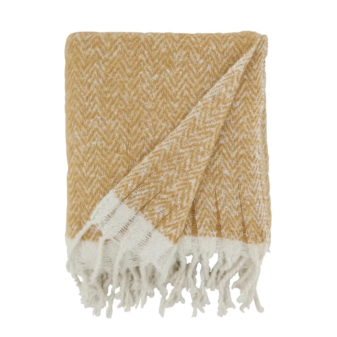 Fennco Styles Faux Mohair Herringbone Throw Blanket 50" W x 60" L – Natural Cozy Fringe Blanket for Home, Couch, Bedroom, Living Room, Office, and Holiday Décor