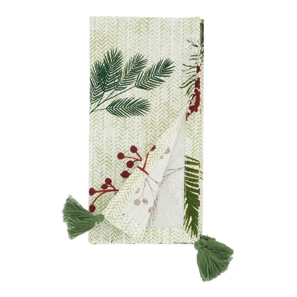Fennco Styles Pine Needle & Red Berry Cotton Christmas Table Runner with Tassel 16"W x 72"L - Red & Green Festive Table Cover for Home, Dining Room, Winter Holiday Décor, Banquets, and Special Events