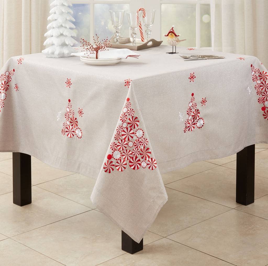 Fennco Styles Embroidered Peppermint Holiday Tablecloth 70" W x 70" L - Silver Festive Table Cover for Christmas, Family Gathering, Banquets and Special Events