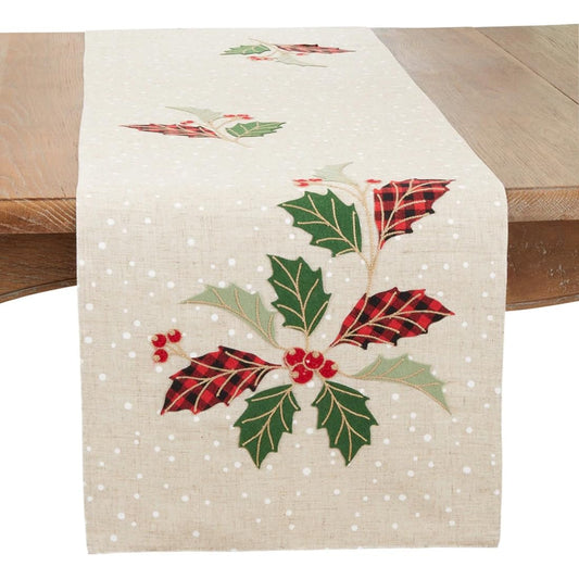 Fennco Styles Buffalo Plaid Holly Leaves Table Runner 16" W x 70" L - Natural Festive Linen Blend Table Cover for Winter Holidays Décor, Dining Table, Banquet, Family Gathering, and Special Occasions