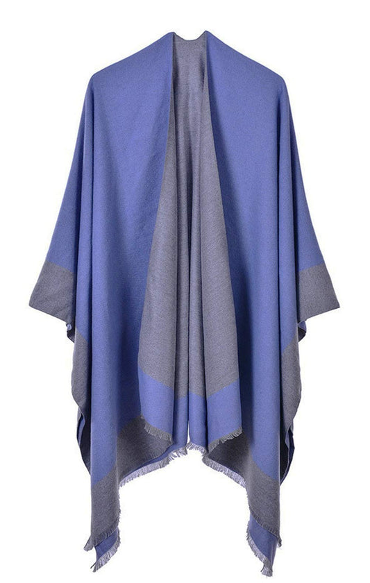 stylesilove Women Knitted Blue Open Front Poncho Cape Cardigan Cozy Wrap Jacket for Fall and Winter
