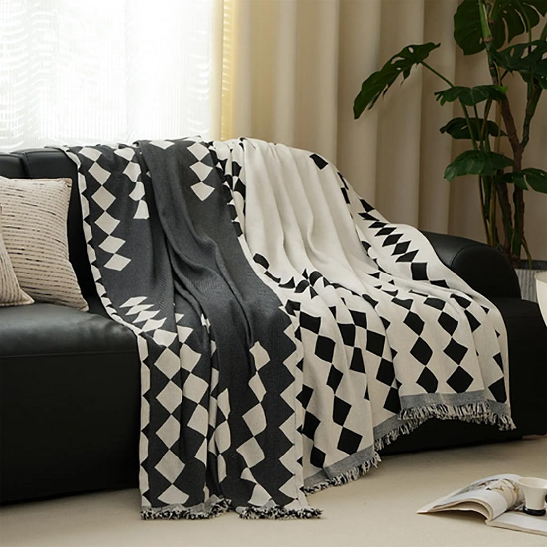 Fennco Styles Diamond Fringe Chenille Reversible Throw Blanket 50" W x 72" L - Black and White Geometric Woven Soft Blanket for Bed, Couch, Sofa, Home, Office and Holidays Décor