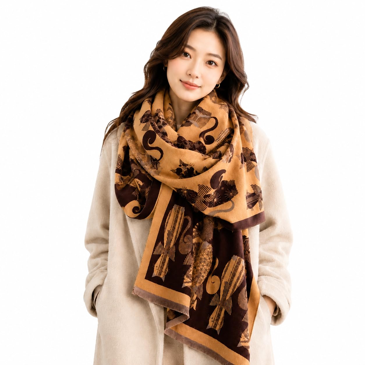 stylesilove Women's Cat Print Shawl Wrap, Soft Reversible Acrylic Scarf, Oversized Winter Poncho Cape for Travel & Gifts