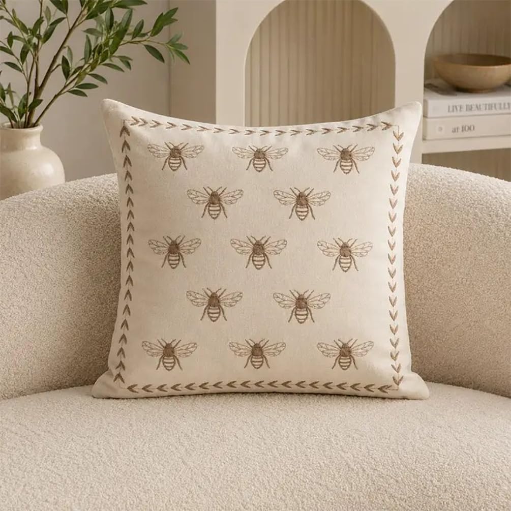 Fennco Styles Ivory Embroidered Bee Decorative Filled Throw Pillow, 18" X 18", 1-Pack