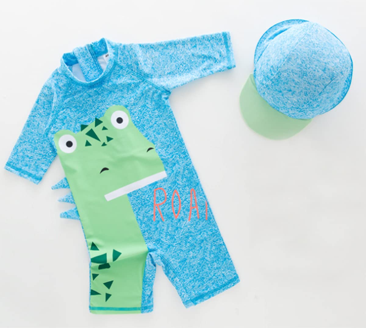 stylesilove Little Boys Cute Dinosaur One-Piece Rash Guard with Sun Hat 2 pcs Blue Swimsuit Beach Swimwear