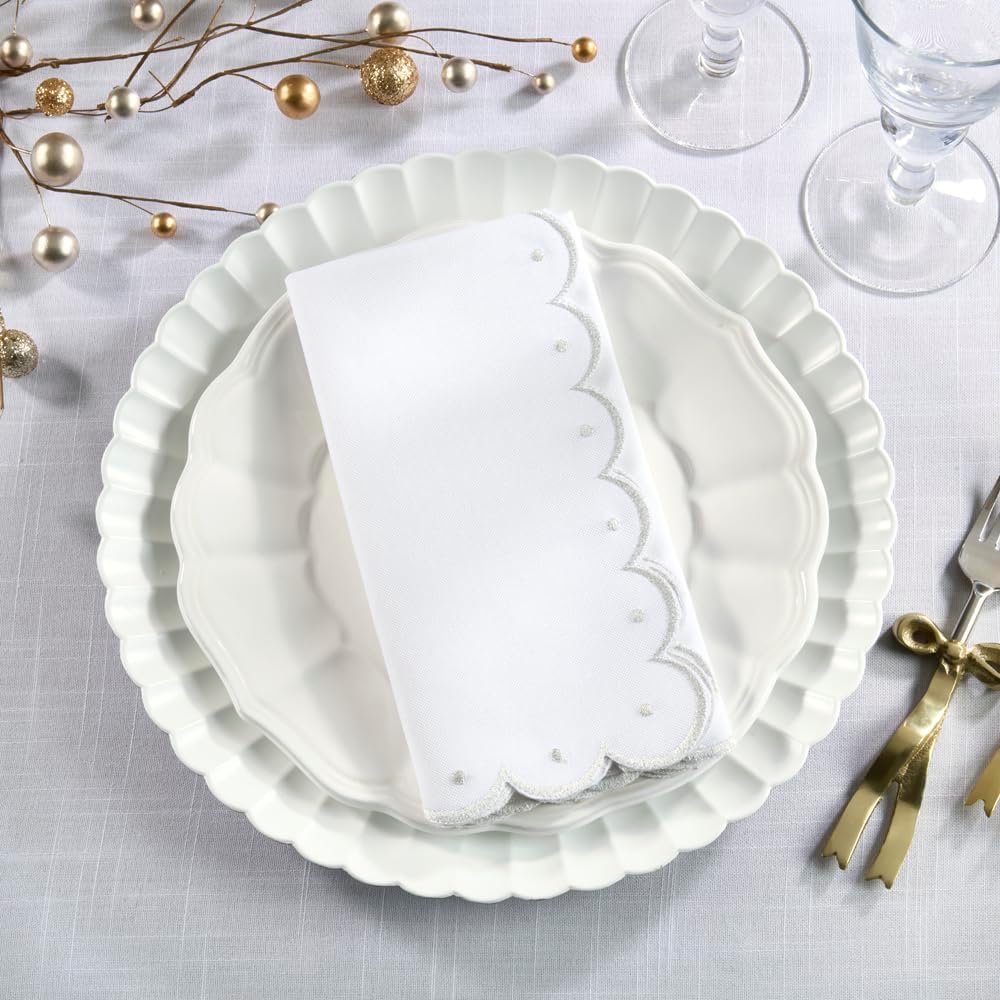 Fennco Styles Silver Embroidered Scalloped Cloth Napkins 20"x20", Set of 4 - Elegant Dinner Napkins for Holiday Dining, Weddings & Everyday Use