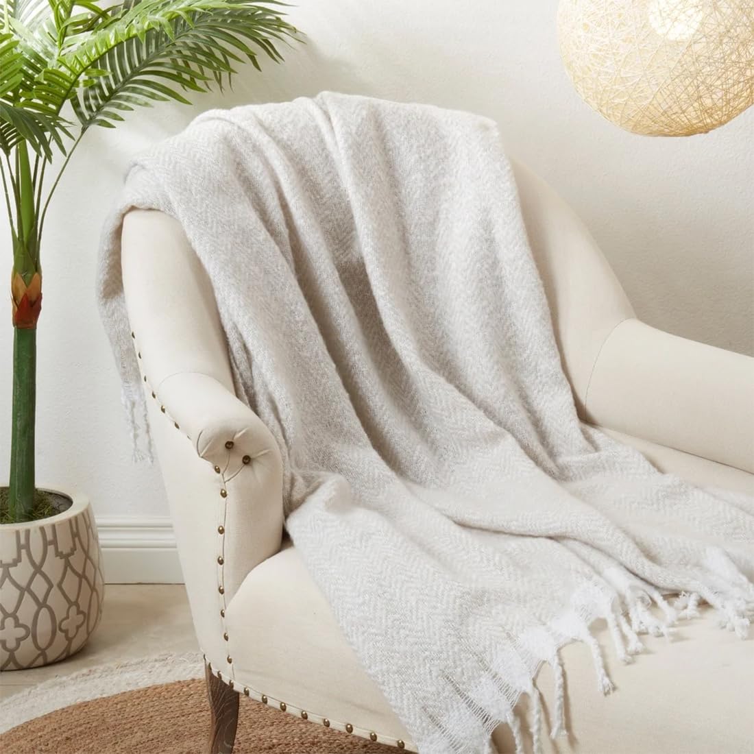 Fennco Styles Faux Mohair Herringbone Throw Blanket 50" W x 60" L – Natural Cozy Fringe Blanket for Home, Couch, Bedroom, Living Room, Office, and Holiday Décor