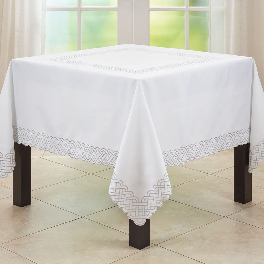 Fennco Styles Braid Emroidered Metallic Border Table Runner 16" W x 54" L - Silver Table Cover for Home Décor, Everyday Use, Christmas, Banquets and Special Events