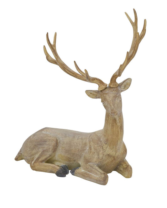 Fennco Styles Christmas Resin Lounging Deer Statue Figurine 14" H - Natural Sculpture Animal Deer for Holiday, Home, Tabletop, Mantel and Office Décor