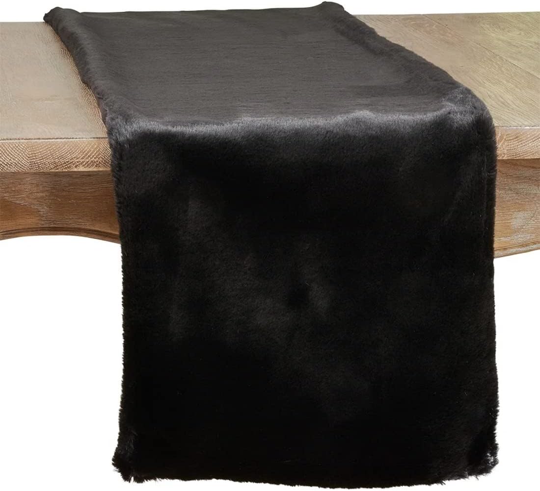 Fennco Styles Modern Solid Faux Rabbit Fur Table Runner 14" W x 72" L – Black Plush Table Cover for Dining Room, Banquets, Family Gatherings, Holidays, Special Events and Home Décor
