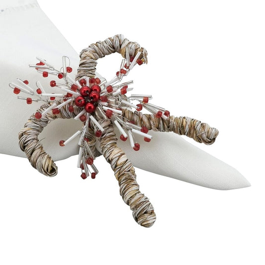 Fennco Styles Seagrass Candy Cane Christmas Napkin Rings, Set of 4 - Red & White Glass Beads Napkin Holders for Dining Table, Banquet, Family Gathering, Holiday Décor and Special Occasion