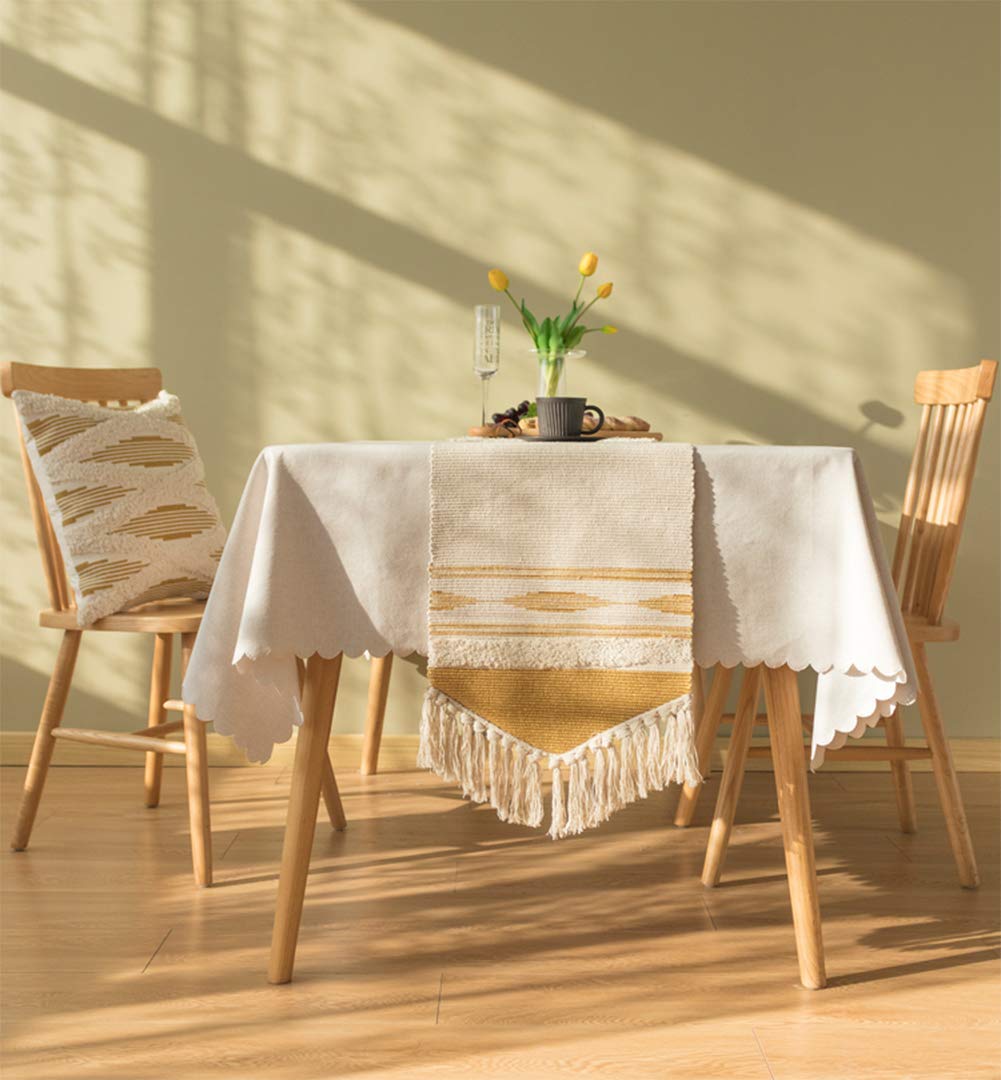 Fennco Styles Geometric Design Canvas Cotton Table Runner with Tassels – 14”W x 71”L Table Cover for Home Décor, Dining Table, Banquets, Holidays and Special Occasions