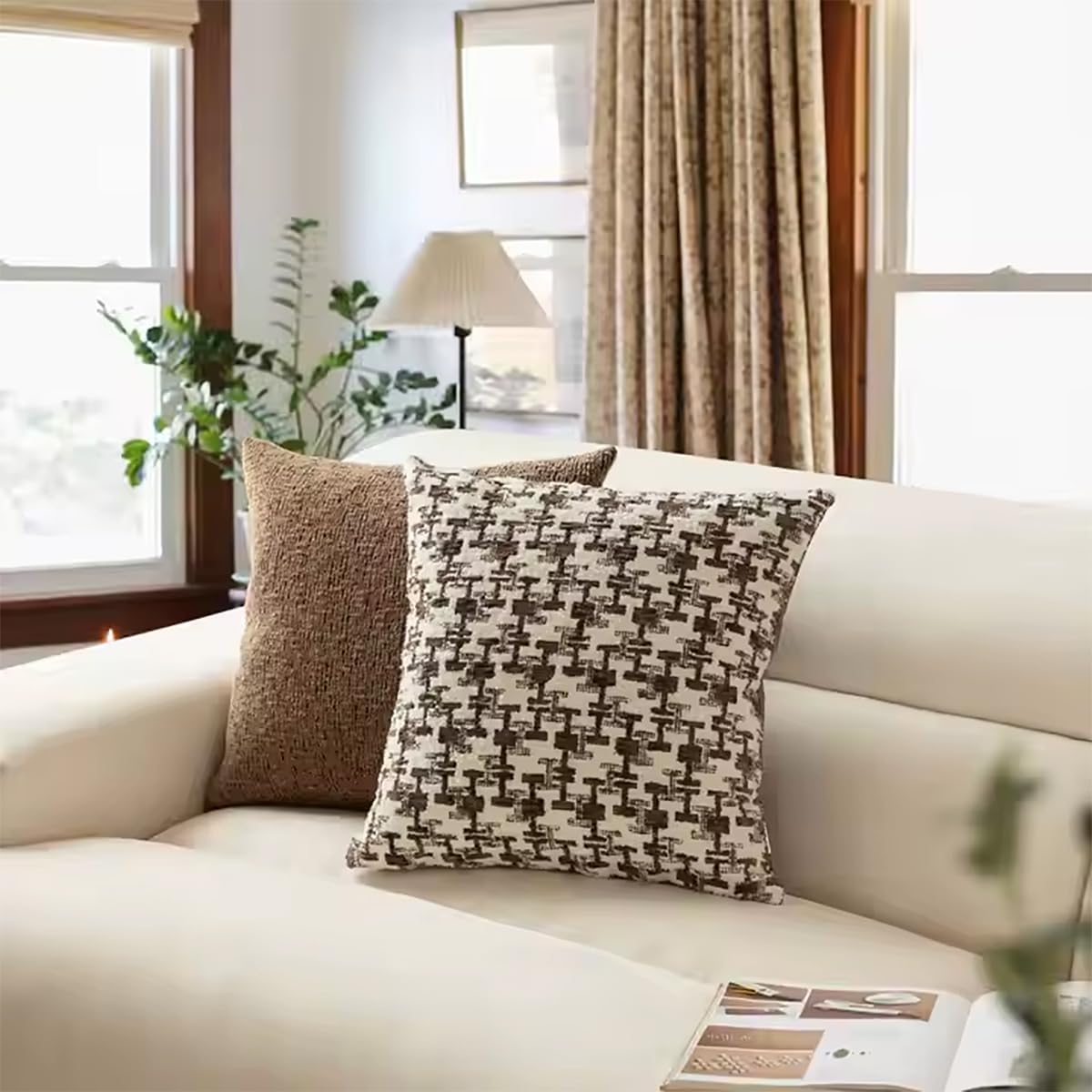 Fennco Styles Chenille Jacquard Decorative Filled Throw Pillow 18" W X 18" L - Brown Geometric Accent Pillow for Home, Couch, Bedroom, Living Room and Office Décor