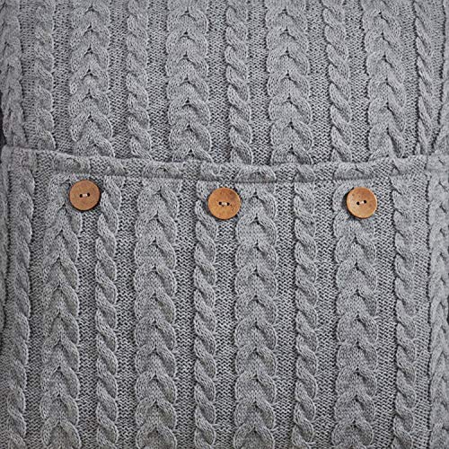 Fennco Styles Nordic Collection Country Faux Fur Trim Button Cable Knit 18 x 18 Inch Throw Pillow with Case & Insert – Winter Color Throw Pillow for Couch, Bedroom and Living Room Décor