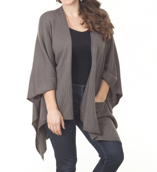 Taleen Chic Knitted Slate Poncho Cape Shawl Wrap with Pockets