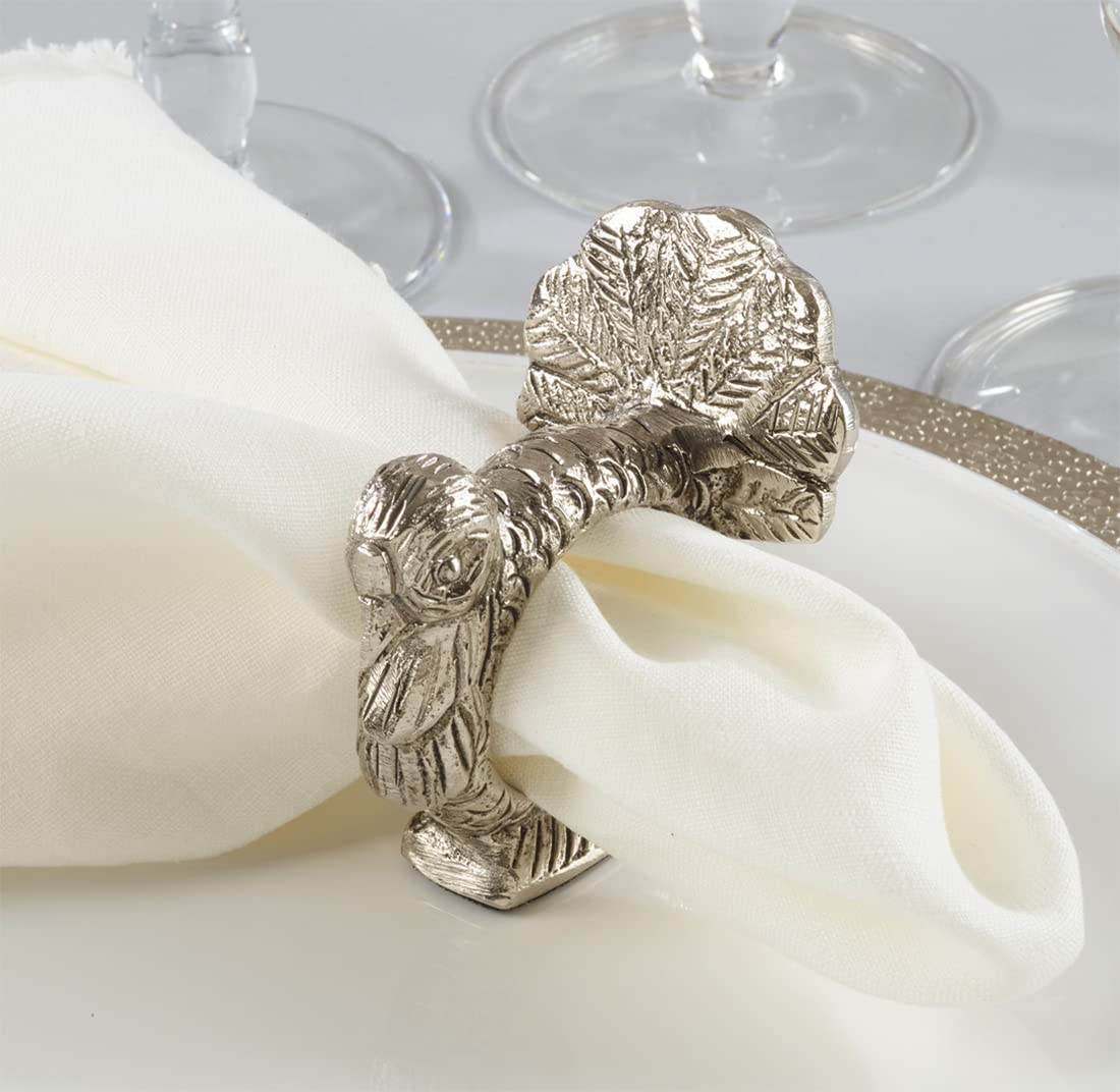 Fennco Styles Turkey Design Aluminum Decorative Napkin Rings, Set of 4 - Silver Animal Metal Napkin Holders for Home, Dining Room, Banquet, Family Gathering, Holiday and Special Occasion
