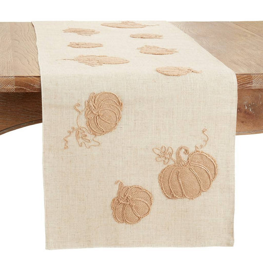 Fennco Styles Harvest Pumpkins Linen Blend Table Runner 16" W X 70" L - Natural Holiday Table Cover for Home Décor, Thanksgiving, Banquets, Family Gatherings and Special Occasions