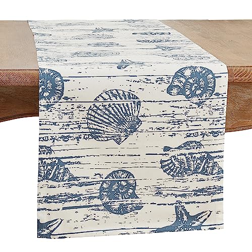 Fennco Styles Nautical Seashell Design Cotton Table Runner 14" W X 54" L – Indigo Coastal Prints Table Cover for Dining Room Decor, Everyday Use, Summer Gathering, Banquets, and Special Occasions