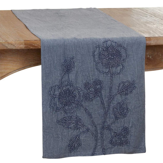 Fennco Styles Stonewashed Floral Cotton Table Runner 16" W x 72" L - Denim Blue Flower Table Cover for Home Décor, Banquet, Family Gathering, Everyday Use and Special Occasion