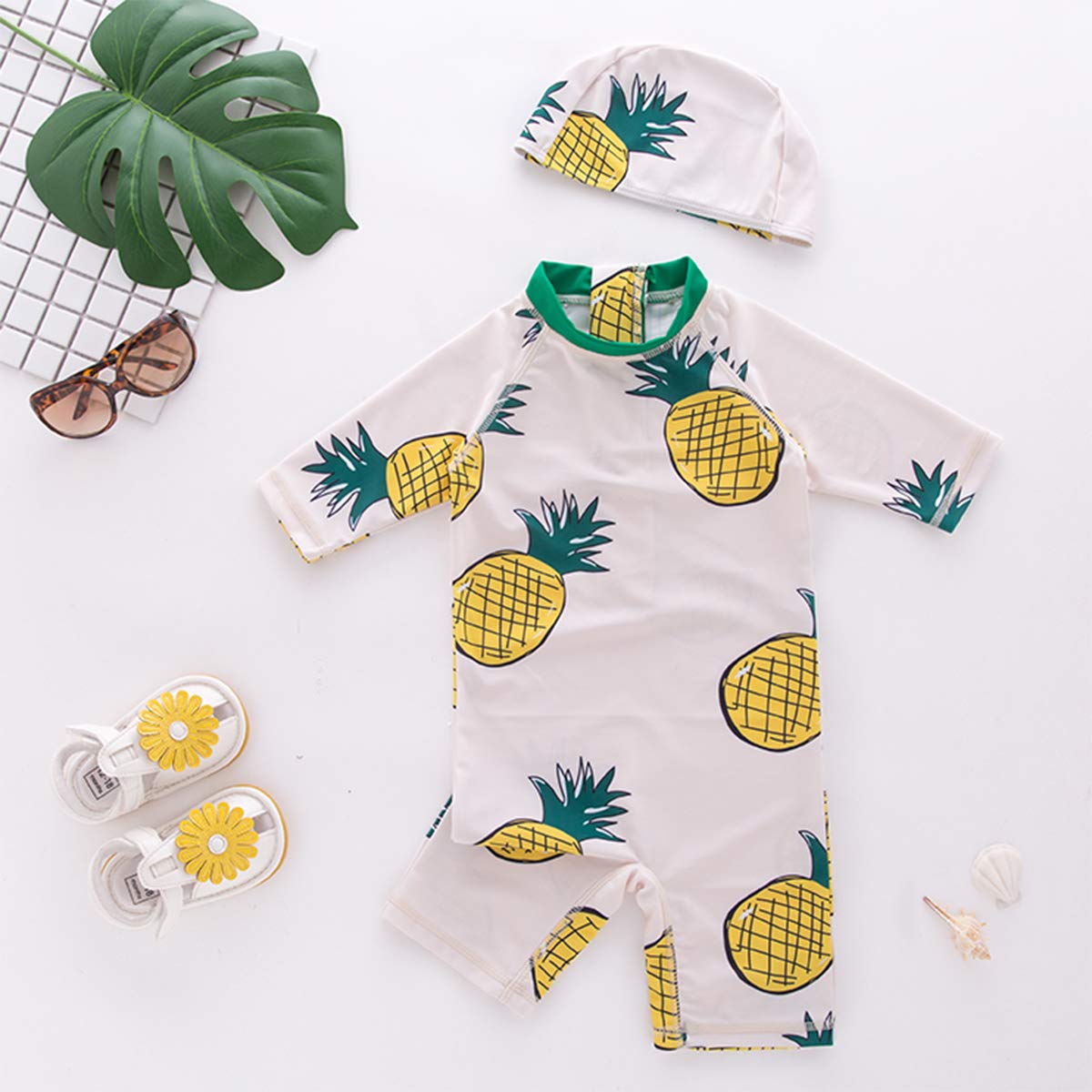 Styles I Love Little Boys Pineapple Print One-Piece Rash Guard Swimsuit with Swim Hat 2pcs White Bathing Suit Beach Swimwear