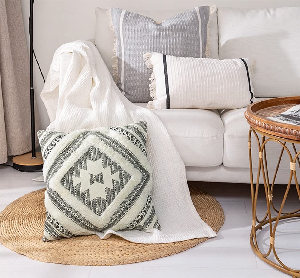 Fennco Styles Southwest Diamond Tufted Boho Decorative Throw Pillow Cover 20" W x 20" L - Black Block Print Woven Square Cushion Case for Home, Couch, Living Room, Bedroom, Office and Holiday Décor