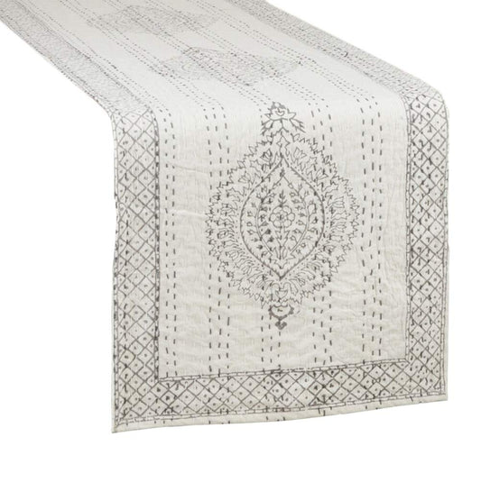 Fennco Styles Unique Taj Kantha Stitch Cotton Table Runner 14 x 72 Inch – Grey Ivory Table Cover for Home Décor, Dining Table, Banquets, Holidays and Special Events