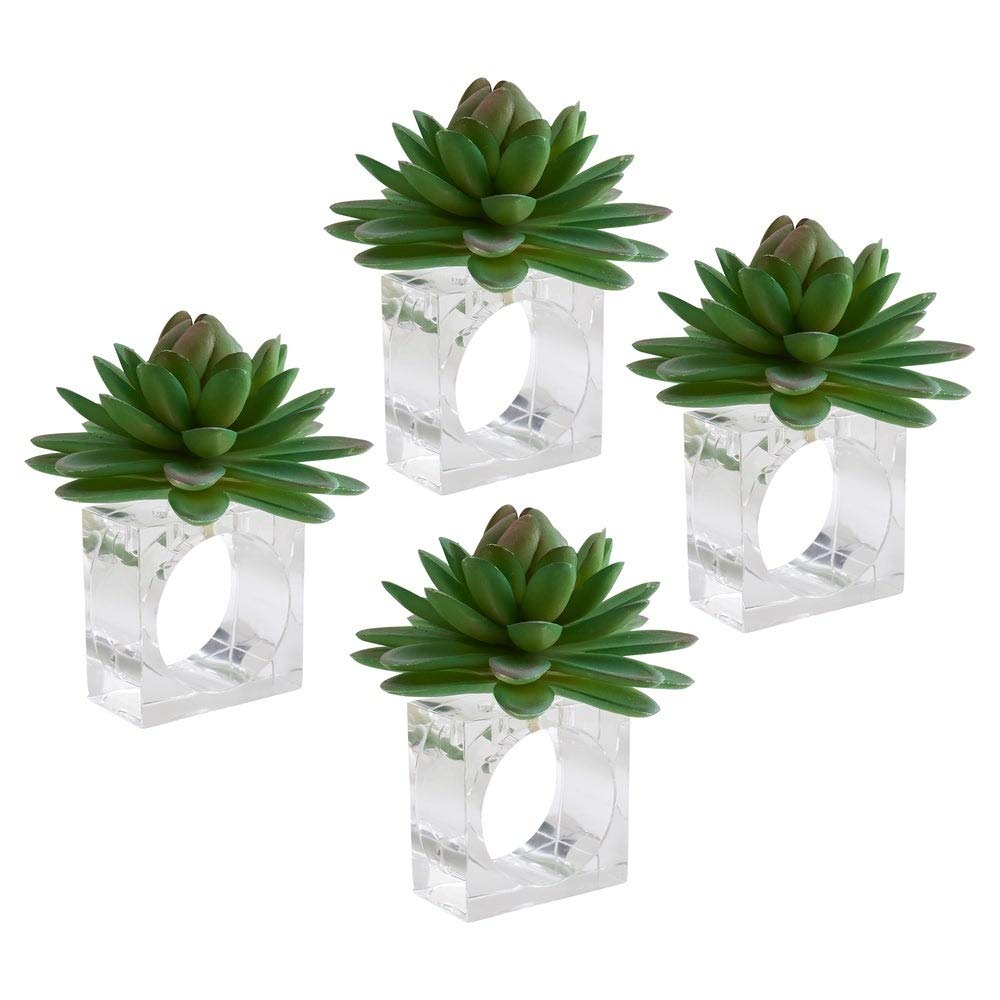 Fennco Styles Modern Succulent Design Decorative Napkin Rings, Set of 4 – Plant Napkin Holders for Home, Dining Table, Holiday Décor and Special Occasions
