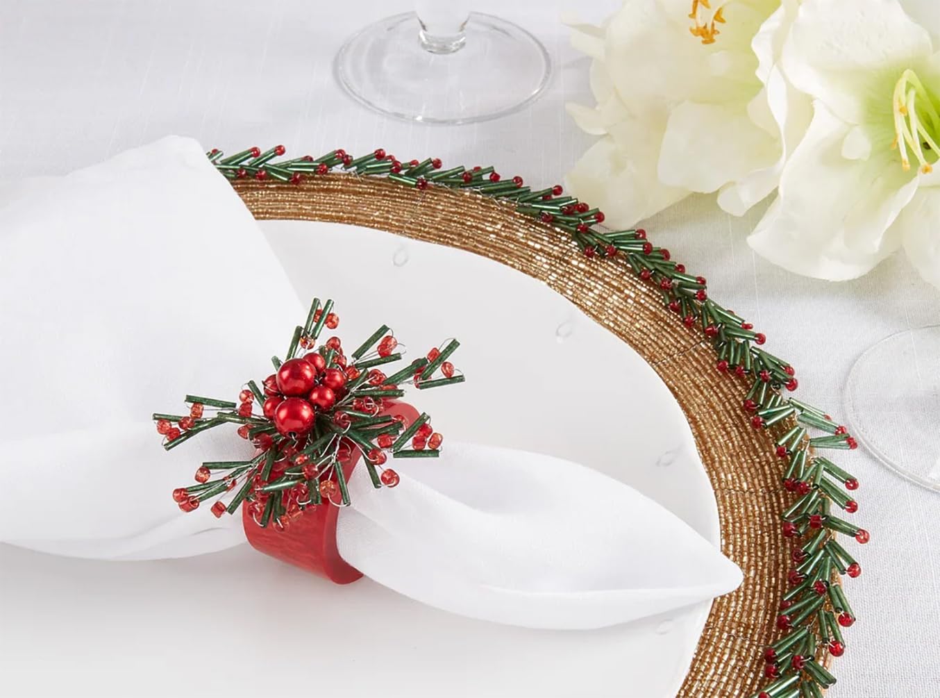 Fennco Styles Finery Beaded Holiday Napkin Rings, Set of 4 - Red Festive Decorative Napkin Holders for Home, Dining Table, Family Gatherings, Christmas Décor and Special Occasions