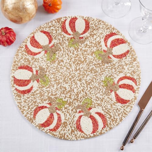 Fennco Style Hand Beaded Pumpkin Holiday Placemat 14" Round, 1-Piece - Multicolored Harvest Table Mat for Banquets, Thanksgiving, Special Events, and Fall Décor