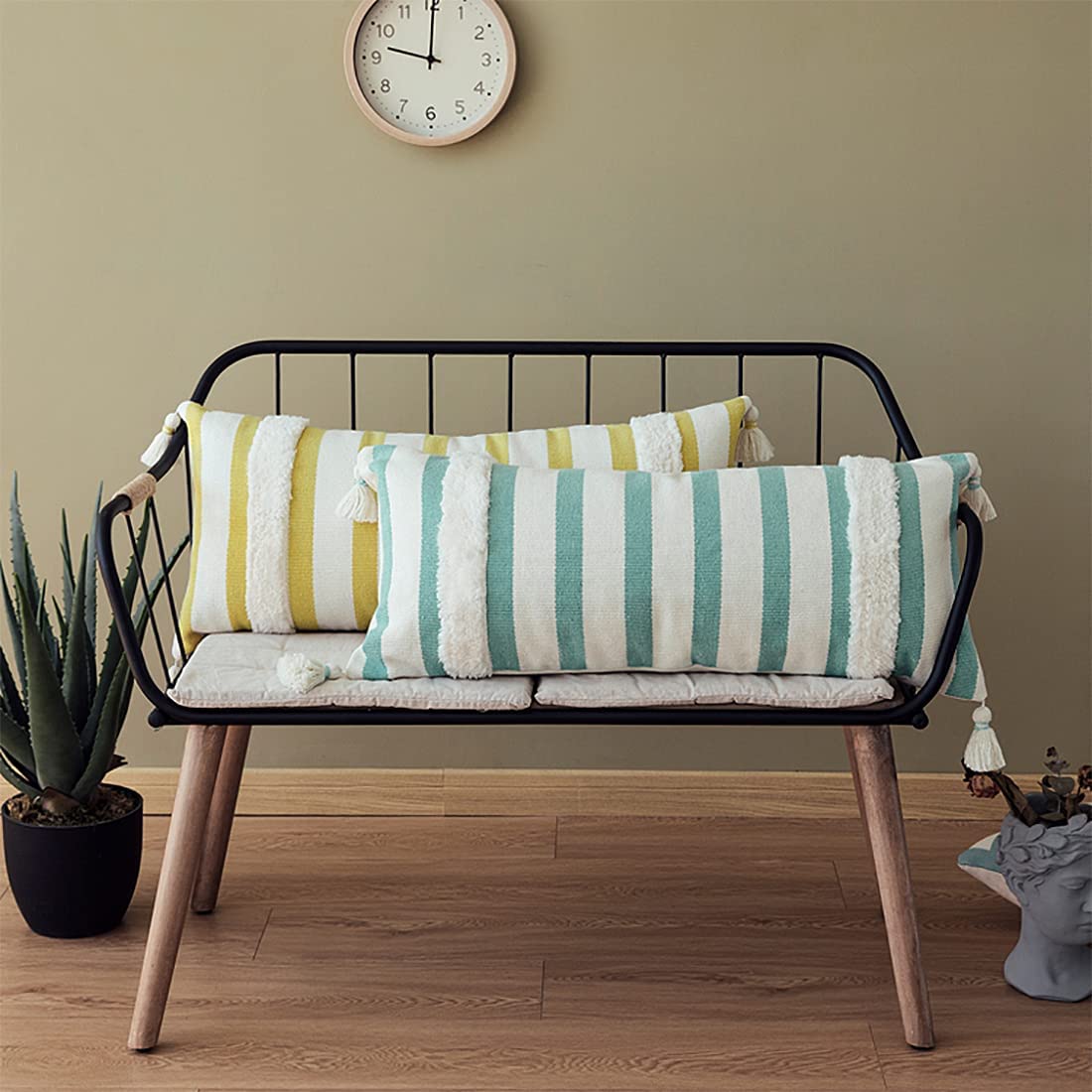 Fennco Styles Handcrafted Tufted Striped Tassel Decorative Lumbar Throw Pillow Cover 14" W x 32" L - Cushion Case for Home, Couch, Living Room, Bedroom, Office Décor
