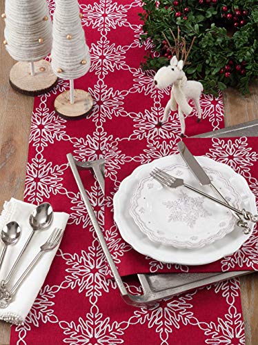 Fennco Styles Holiday White Snowflake Design Red Table Linen Collection