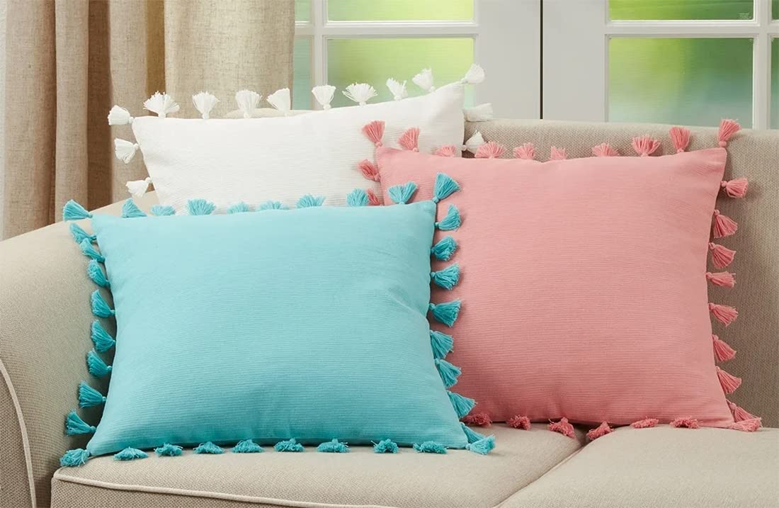 Fennco Styles Solid Tassel Cotton Decorative Throw Pillow 20" W x 20" L - Plain Cushion for Home, Couch, Living Room, Bedroom, Kids Room, Playroom, Bedroom and Office Décor