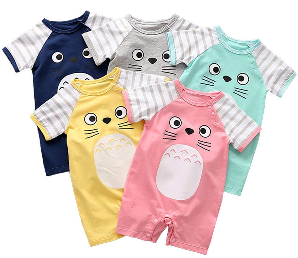 stylesilove Unisex Baby Cotton Onesie - Short Sleeve Outfit with Cute Graphics, Striped Sleeves, 3-24 Months