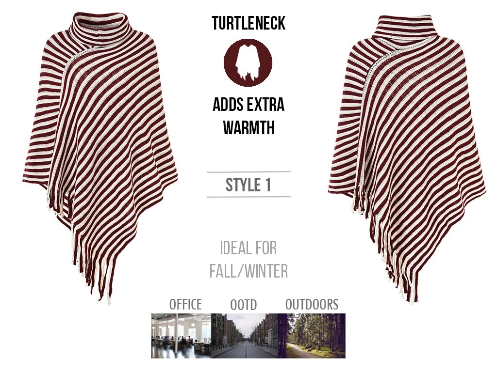 stylesilove Women Autumn Winter Knit Striped Turtleneck Fringe Poncho Pullover Shawl Warm Soft Wrap Lightweight Cape